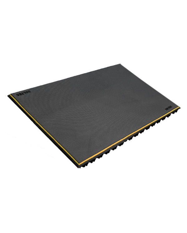 Alfombra Antifatiga Antideslizante Grande con base de Hule Gris Oscuro LL con Franja Amarilla 1" - SOLTEC