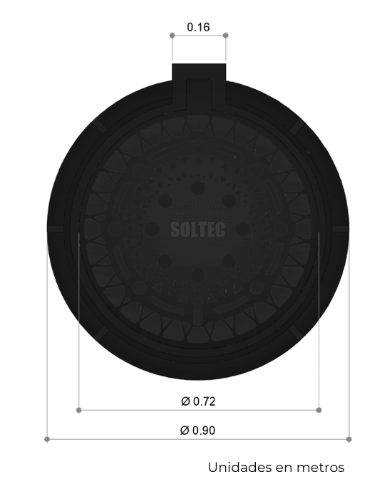 Casquete y Tapadera Embisagrada de Polietileno Negro para Pozo de Visita de Alcantarillado Pluvial Modelo HS - 25 - SOLTEC