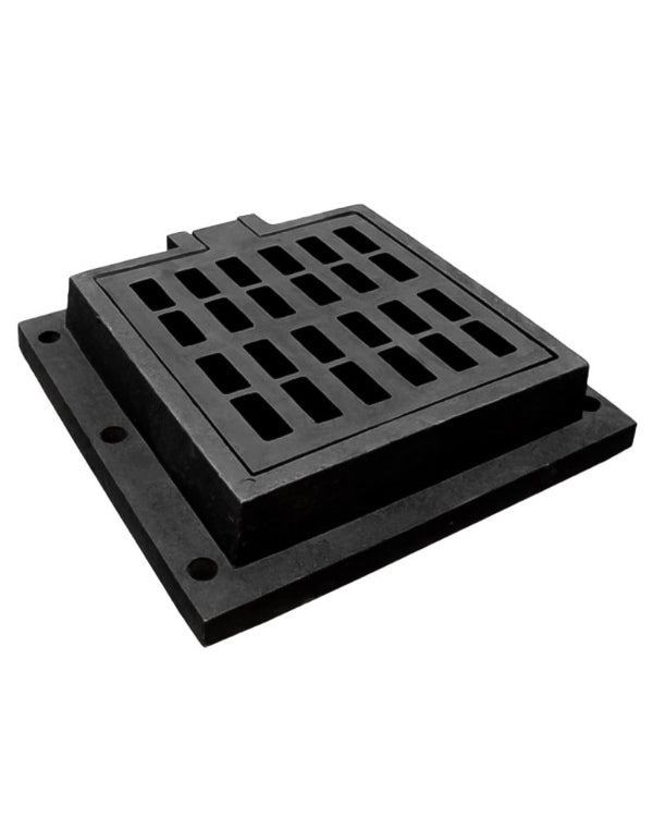 Marco perforado y Rejilla (Tragante) embisagrada de Polietileno Negro 50 cm x 50 cm - SOLTEC