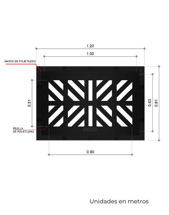 Marco y Rejilla (Tragante) de Polietileno Negro 100 cm x 63 cm - SOLTEC