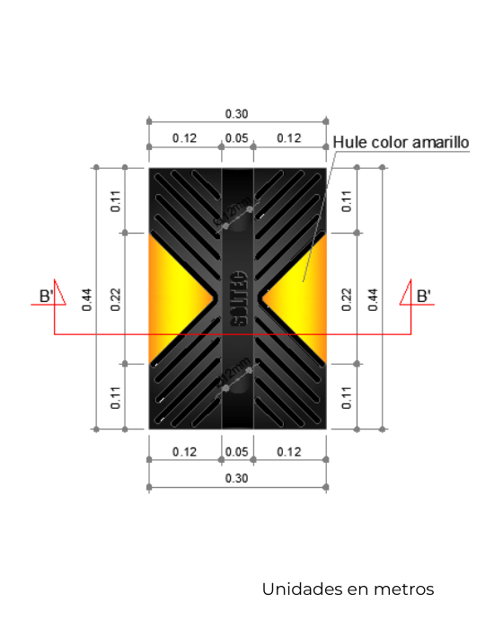 Reductor de velocidad tipo Túmulo de Hule Negro con Amarillo para Tráfico Pesado 44 x 30 x 5 cm - SOLTEC